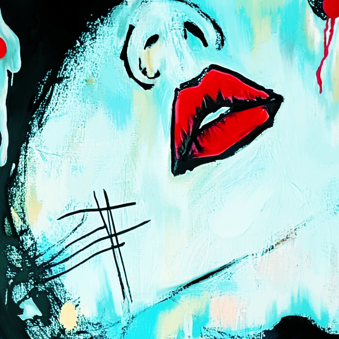 Abstract artwork with red lips and black lines on a blue and white background